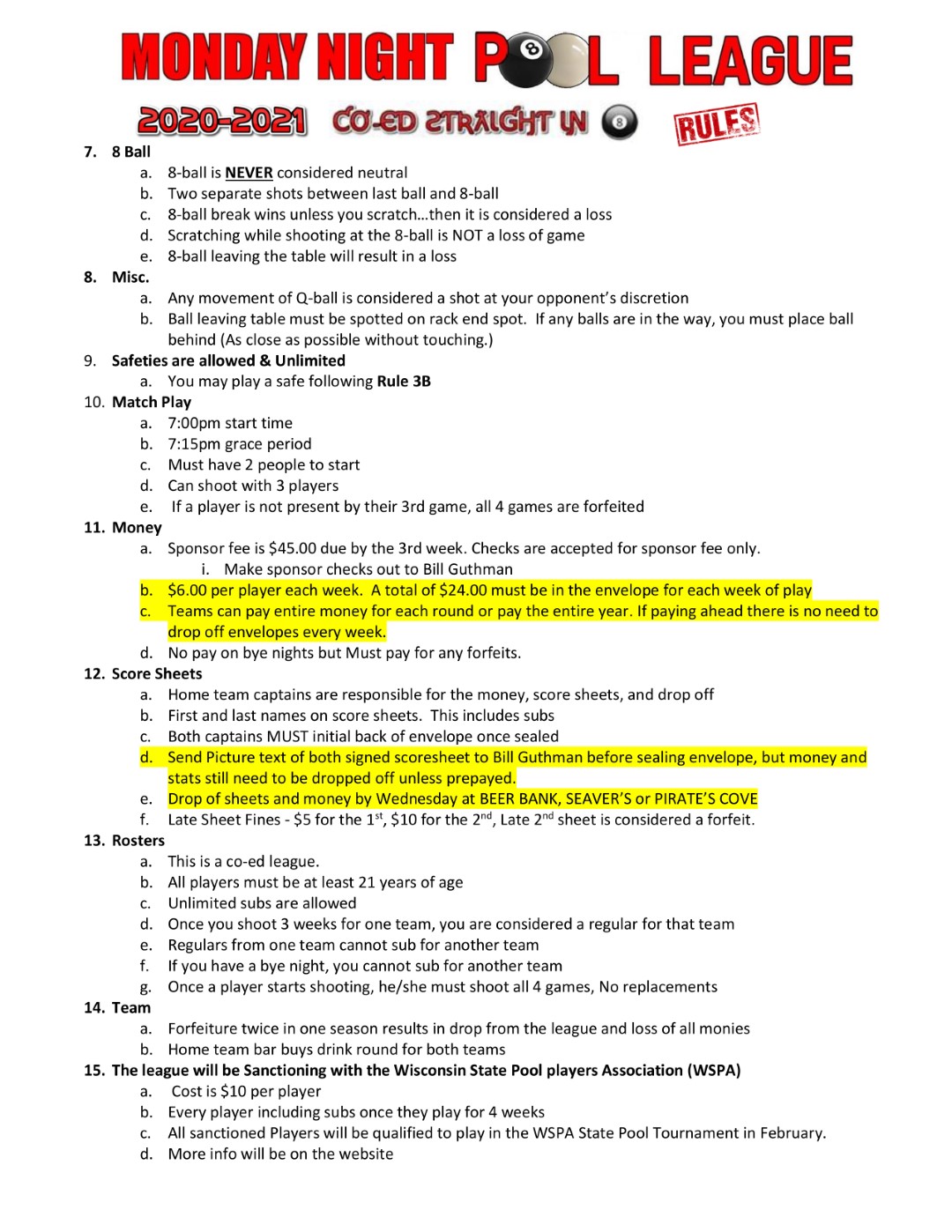 2020-2021 Monday Night Co-Ed rules updated-2